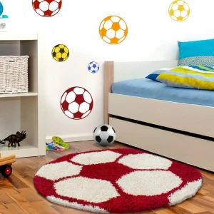Dywan dziecięcy Shaggy Fun kremowo-czerwony piłka 120 cm x 120 cm koło