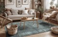 dywan-vintage-armand-zielony-aranzacja-w-salonie-z-rattanowymi-fotelami-w-kolorze-brazowym-oraz-jasna-sofa.webp
