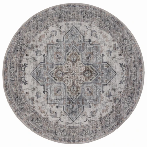 Dywan vintage INKA Klasyczny Medalion z Efektem Postarzenia Beżowo-Szary koło 160 cm x 160 cm - Nowoczesne fasony do salonu i pokoju