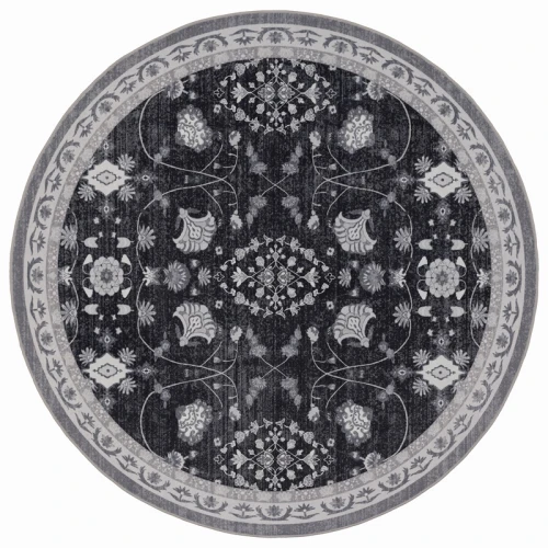 Dywan vintage INKA Floral z Efektem Postarzenia Czarno-Szary koło 160 cm x 160 cm - Nowoczesne fasony do salonu i pokoju