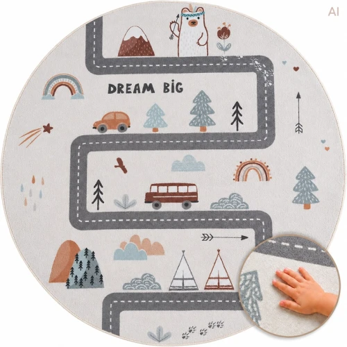 Dywan dziecięcy Coco Miasteczko kremowe koło 120 cm x 120 cm - Nowoczesne fasony do salonu i pokoju